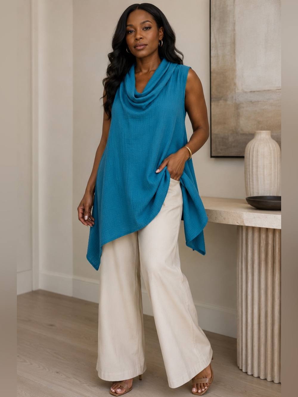 Bryn Walker Capsleeve Cowl Neck Tunic 💯 Cotton Gauze XS